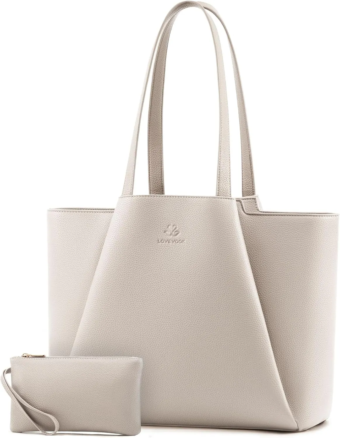 LOVEVOOK Laptop Tote for Women - 15.6 Inch Leather Laptop Bag with Clutch, Large Capacity Office Purse for Casual Business Travel, Off White