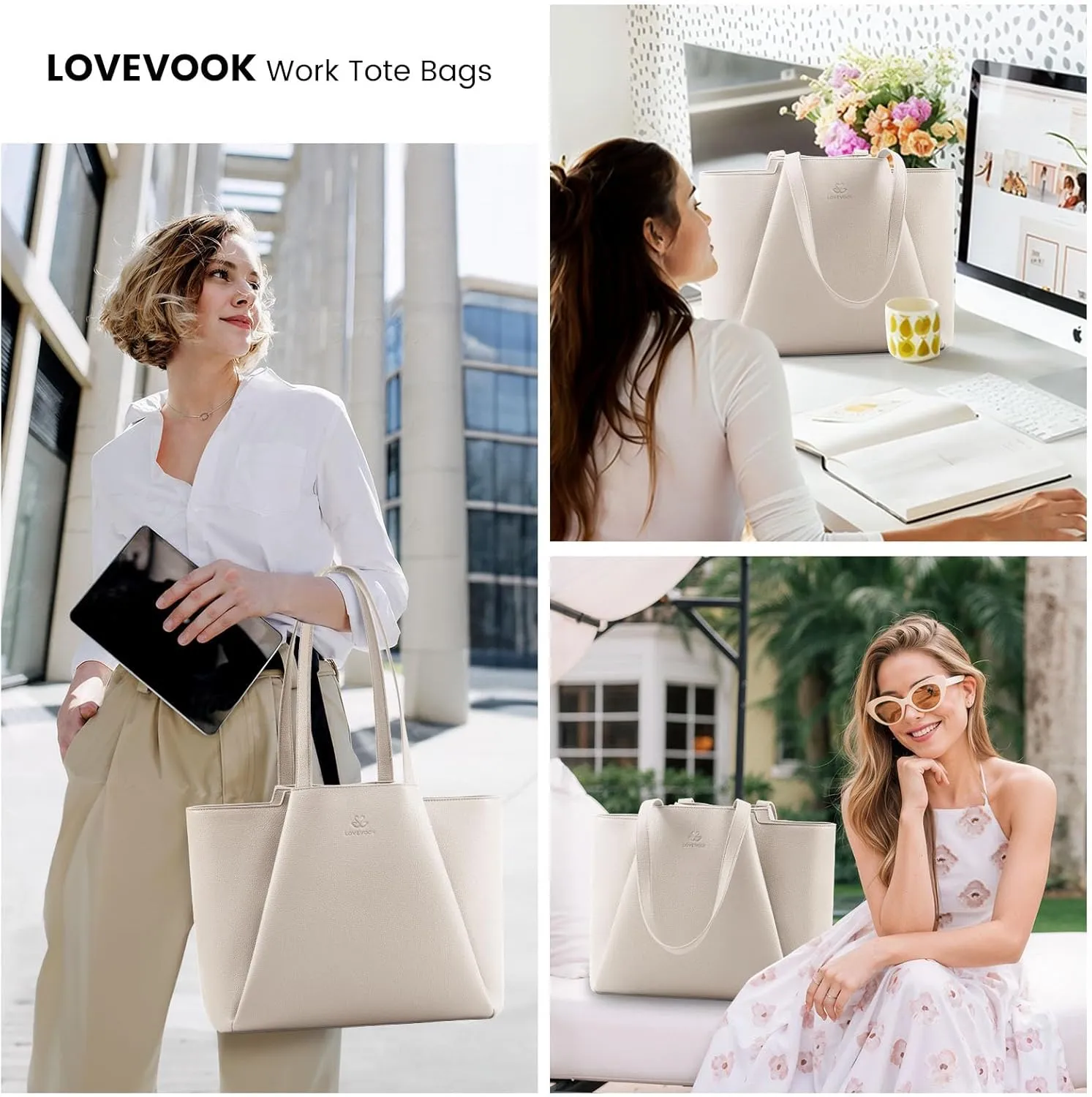 LOVEVOOK Laptop Tote for Women - 15.6 Inch Leather Laptop Bag with Clutch, Large Capacity Office Purse for Casual Business Travel, Off White