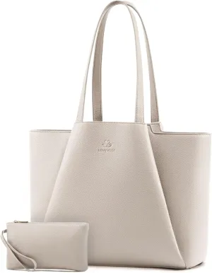 LOVEVOOK Laptop Tote for Women - 15.6 Inch Leather Laptop Bag with Clutch, Large Capacity Office Purse for Casual Business Travel, Off White