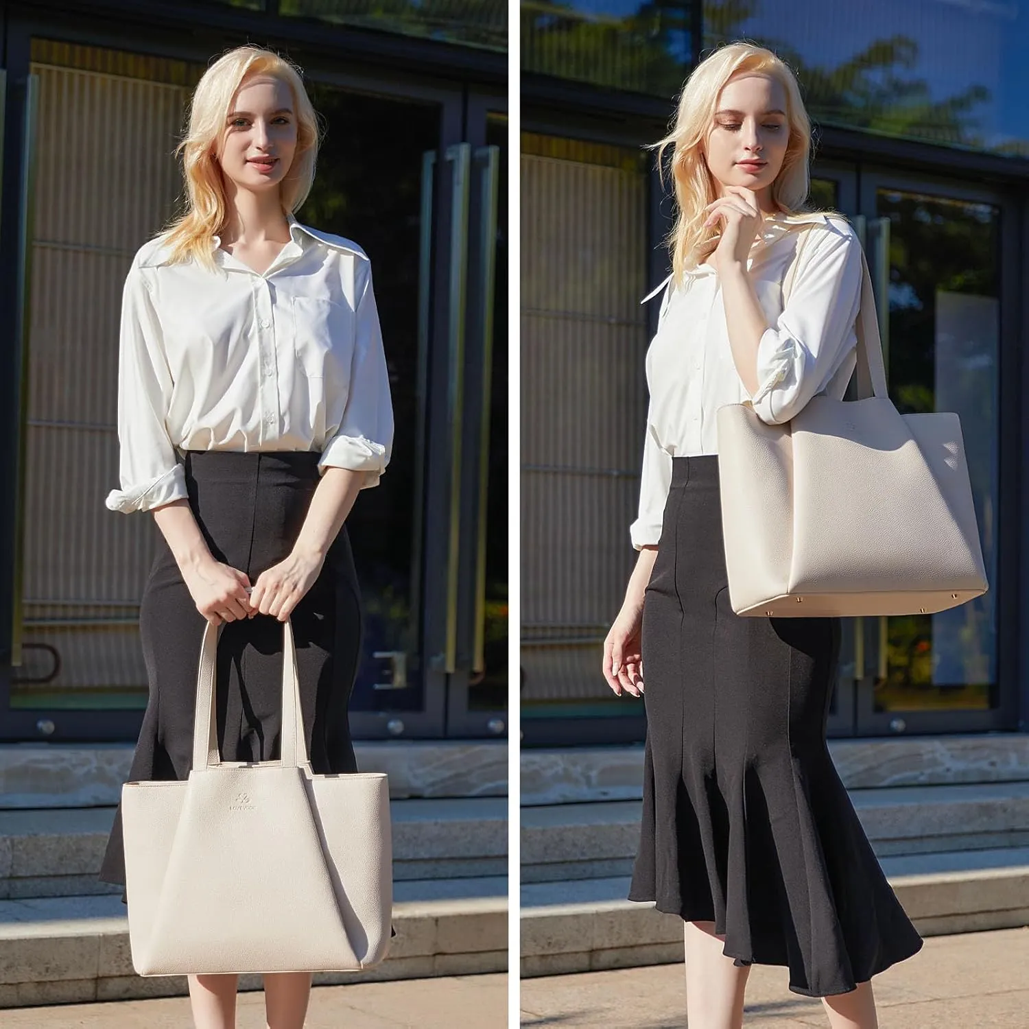 LOVEVOOK Laptop Tote for Women - 15.6 Inch Leather Laptop Bag with Clutch, Large Capacity Office Purse for Casual Business Travel, Off White