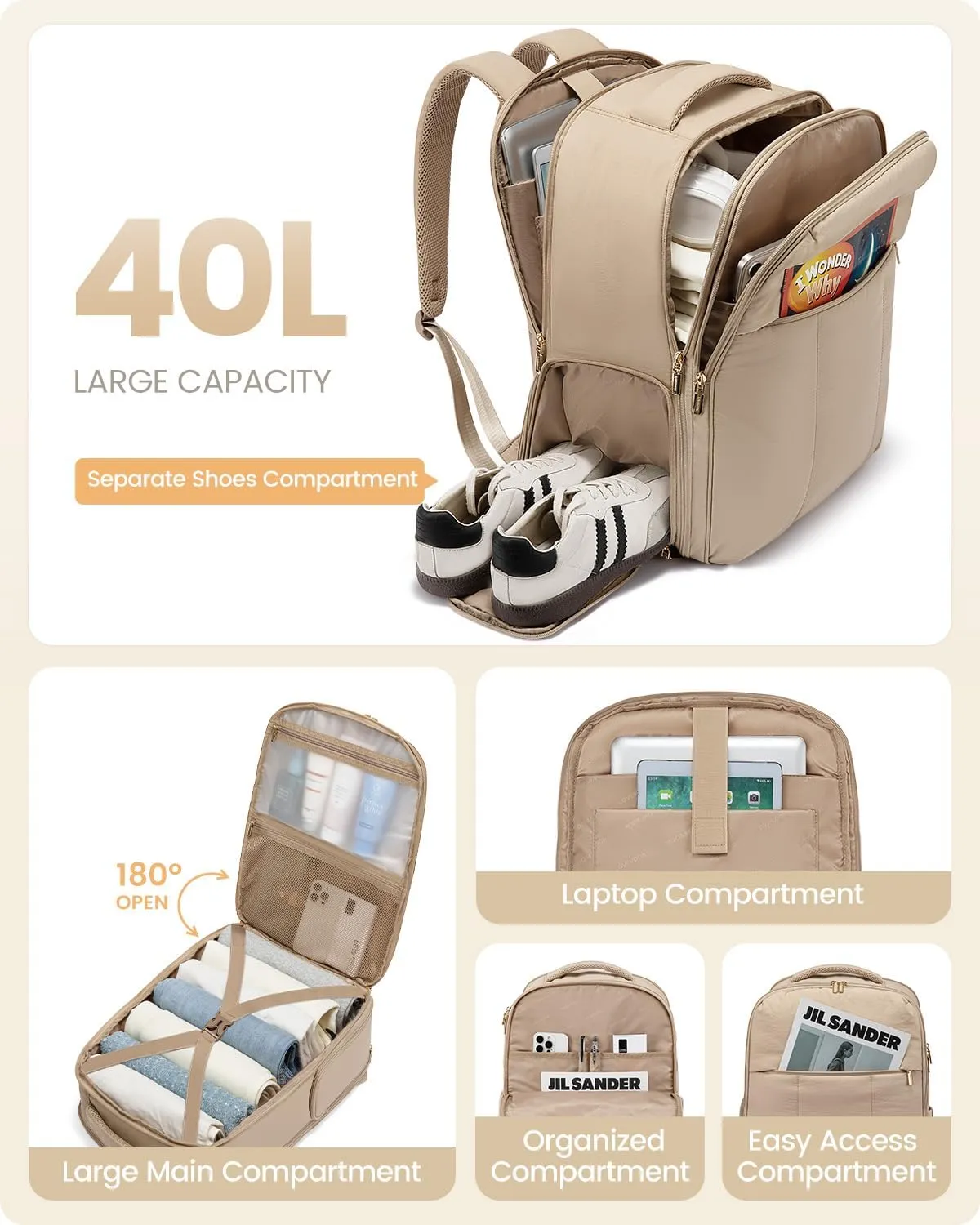 LOVEVOOK Travel Backpack for Women with Shoe Compartment, Puffer Carry on Backpack Flight Approved 40L Personal Item Travel Bag Fits 17inch Laptop, Waterproof Lightweight Bags with 3 Packing Cubes