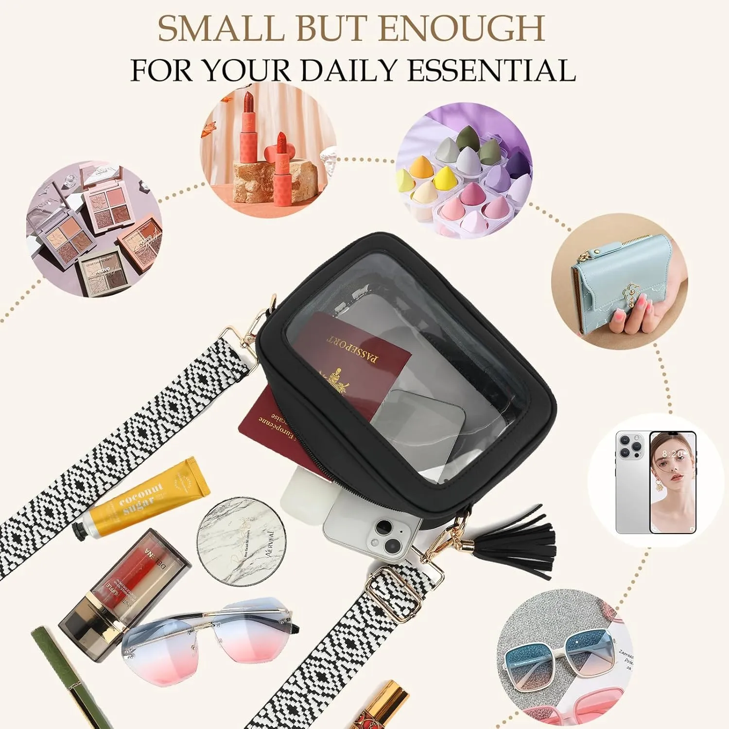 LOXOMU Clear Crossbody Bag Stadium Approved - Waterproof Clear Purses for Women Stadium Bag with Adjustable Guitar Strap