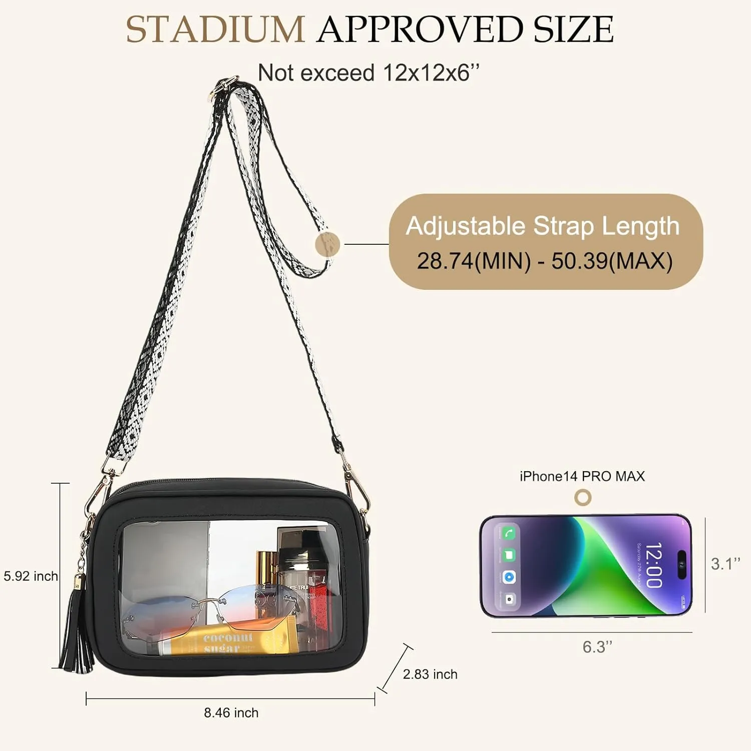 LOXOMU Clear Crossbody Bag Stadium Approved - Waterproof Clear Purses for Women Stadium Bag with Adjustable Guitar Strap