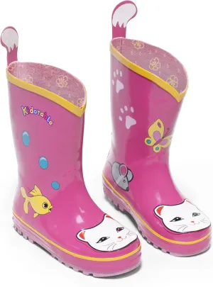 Lucky Cat Rainboots, Pink, Kids Sizes, Natural Rubber Boots with Cotton Lining, Pull On Heel Tab & Non-Slip Sole