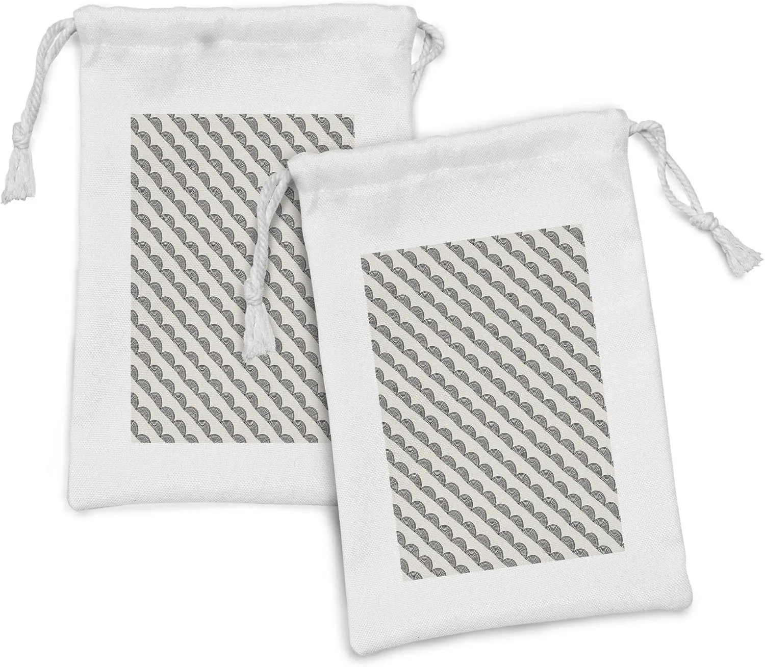 Lunarable Geo Wave Fabric Pouch Set of 2, Doodle Semi-Circular Concentric Shapes Diagonally Aligned Composition, Small Drawstring Bag for Toiletries Masks and Favors, 9" x 6", Black and Off White