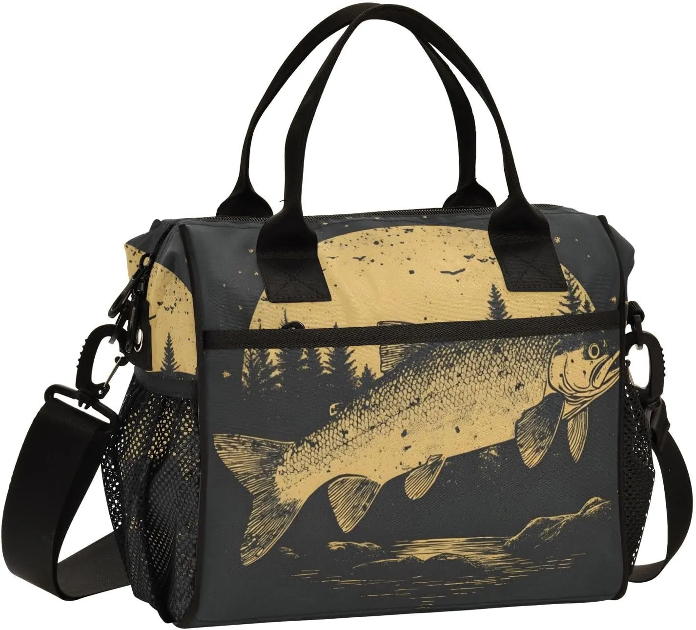 Lunch Bag Box Trout Vintage Print, Insulated Reusable Leak-proof Detachable Shoulder Strap Medium