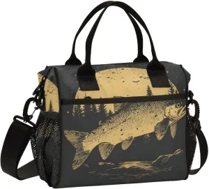 Lunch Bag Box Trout Vintage Print, Insulated Reusable Leak-proof Detachable Shoulder Strap Medium