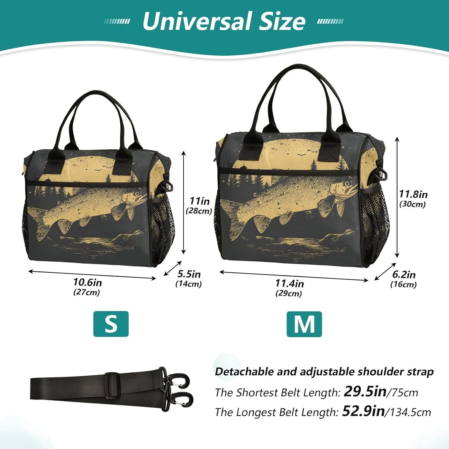 Lunch Bag Box Trout Vintage Print, Insulated Reusable Leak-proof Detachable Shoulder Strap Medium