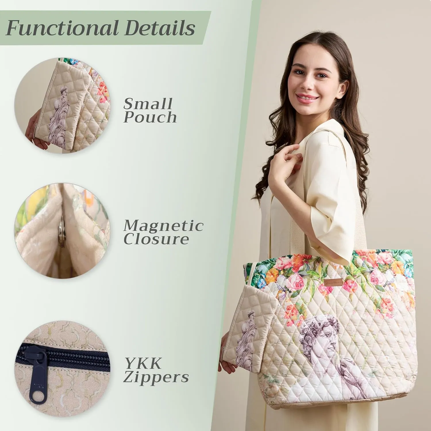 Maison d' Hermine Shopping Bags Cotton Quilted Tote Bag with Zipper Pockets Small Pouch Reusable Grocery Bag Work Travel