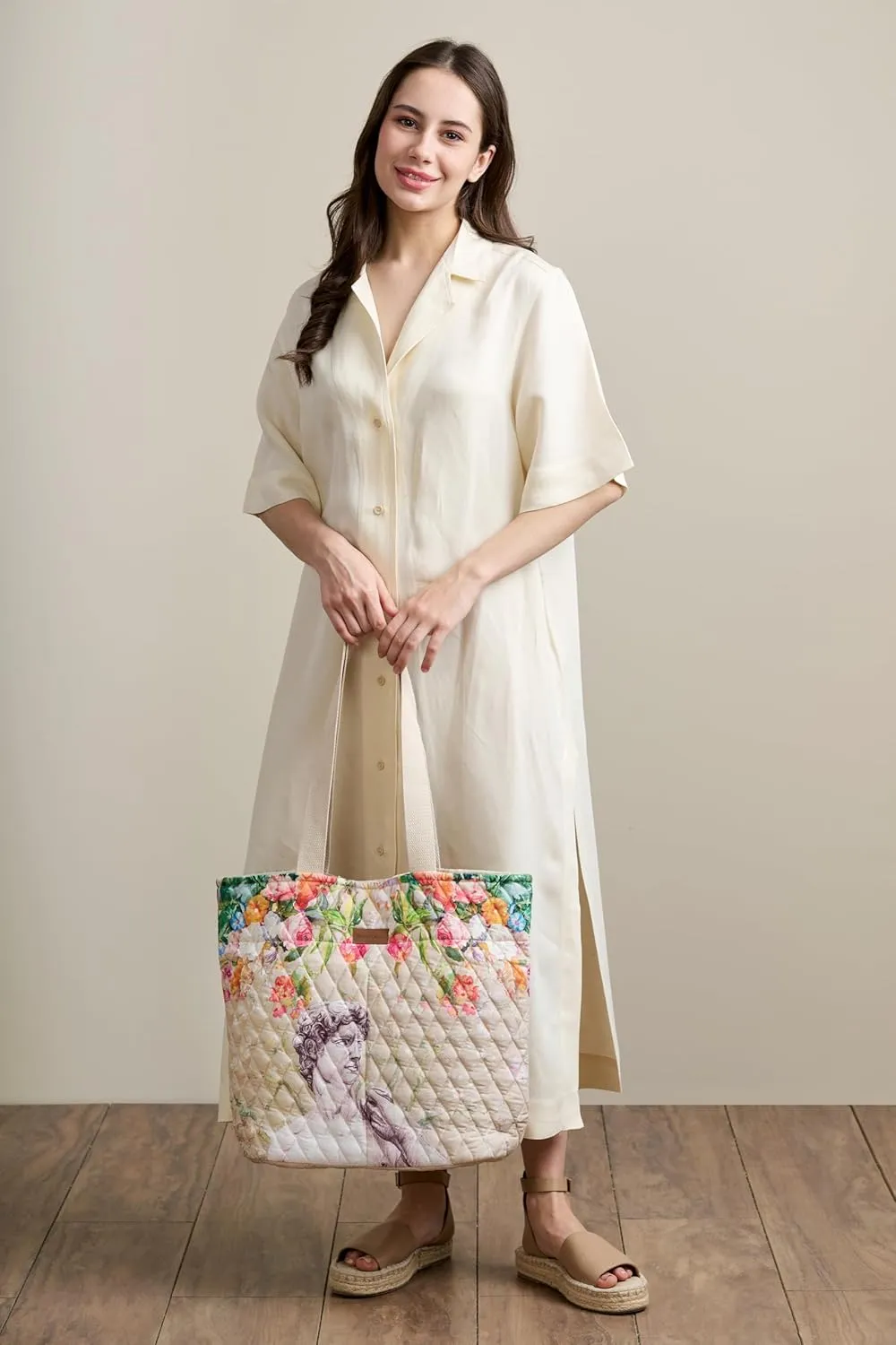 Maison d' Hermine Shopping Bags Cotton Quilted Tote Bag with Zipper Pockets Small Pouch Reusable Grocery Bag Work Travel