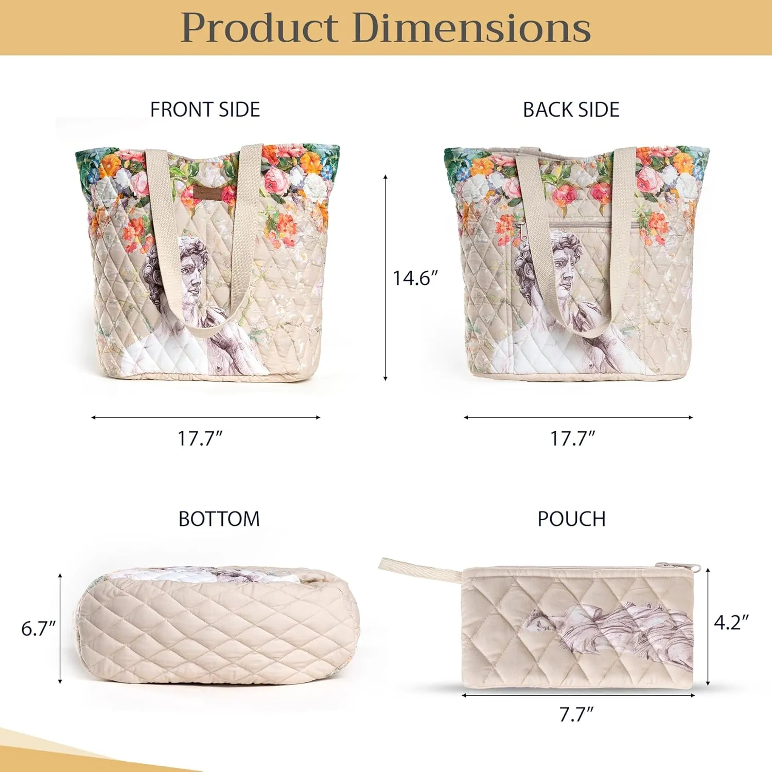 Maison d' Hermine Shopping Bags Cotton Quilted Tote Bag with Zipper Pockets Small Pouch Reusable Grocery Bag Work Travel