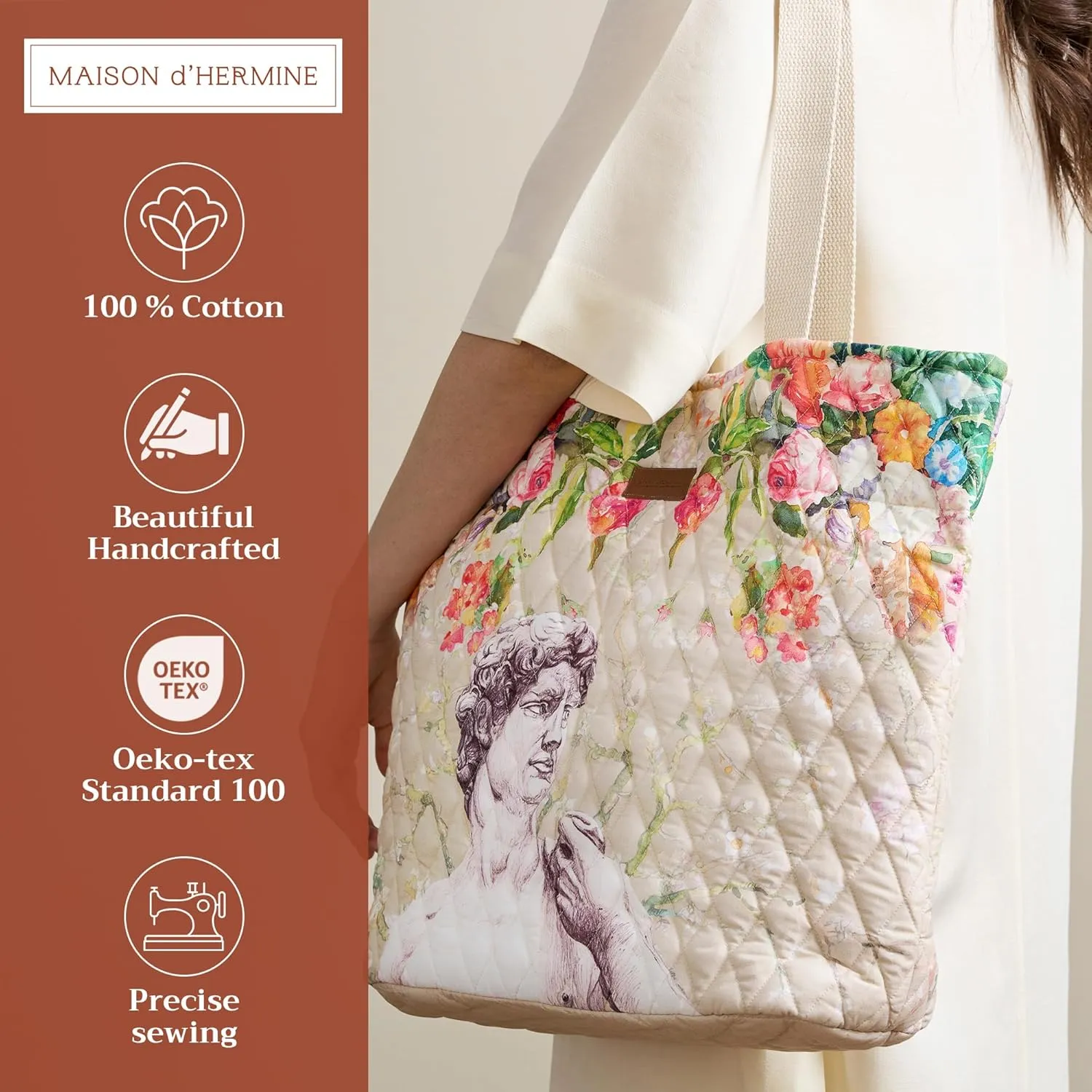 Maison d' Hermine Shopping Bags Cotton Quilted Tote Bag with Zipper Pockets Small Pouch Reusable Grocery Bag Work Travel