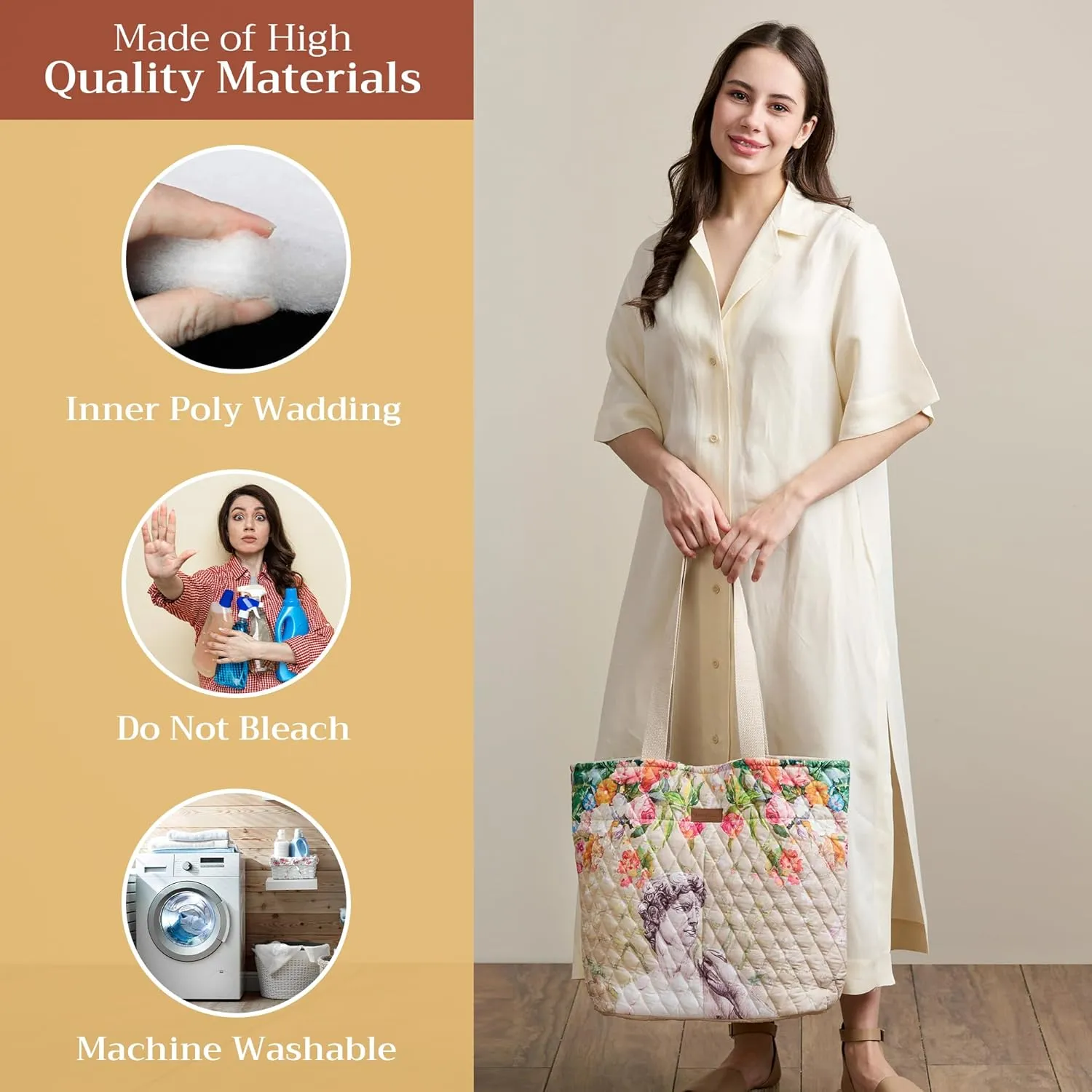 Maison d' Hermine Shopping Bags Cotton Quilted Tote Bag with Zipper Pockets Small Pouch Reusable Grocery Bag Work Travel
