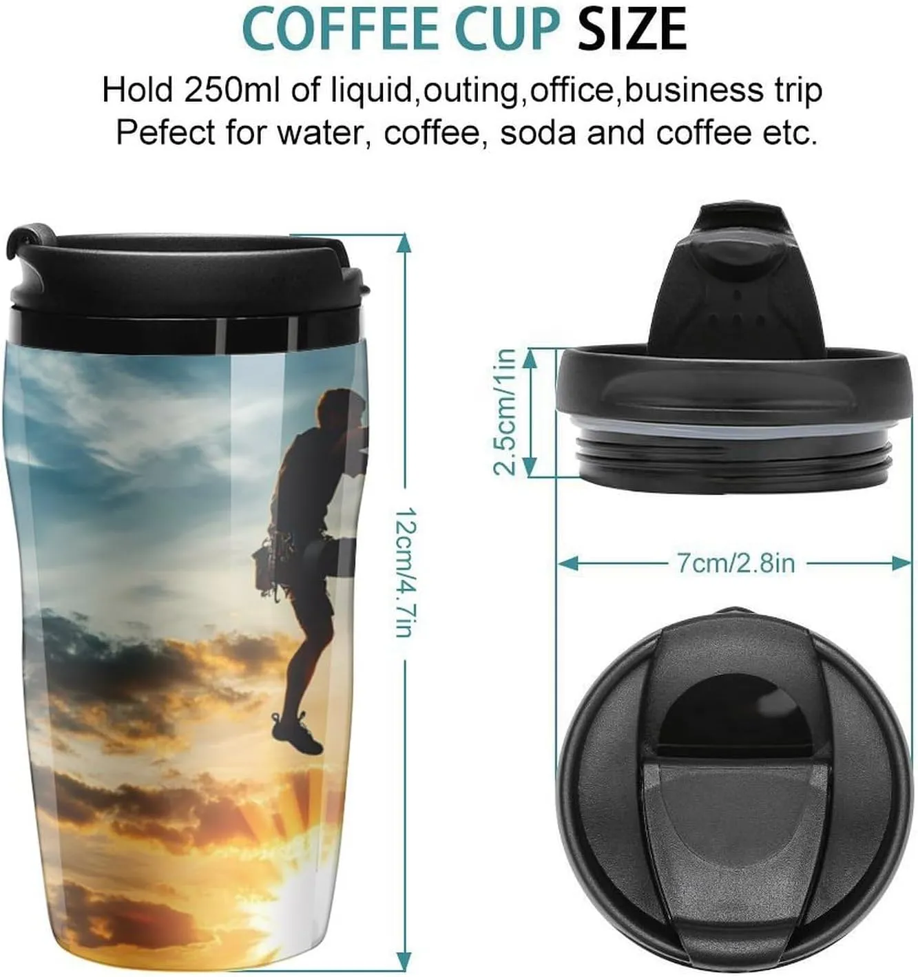 Man Climbing on Rock Mountain Sunset Coffee Mug with Lid Portable Tumbler Water Bottle for Travel Business 250ml