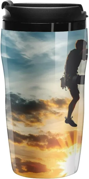 Man Climbing on Rock Mountain Sunset Coffee Mug with Lid Portable Tumbler Water Bottle for Travel Business 250ml