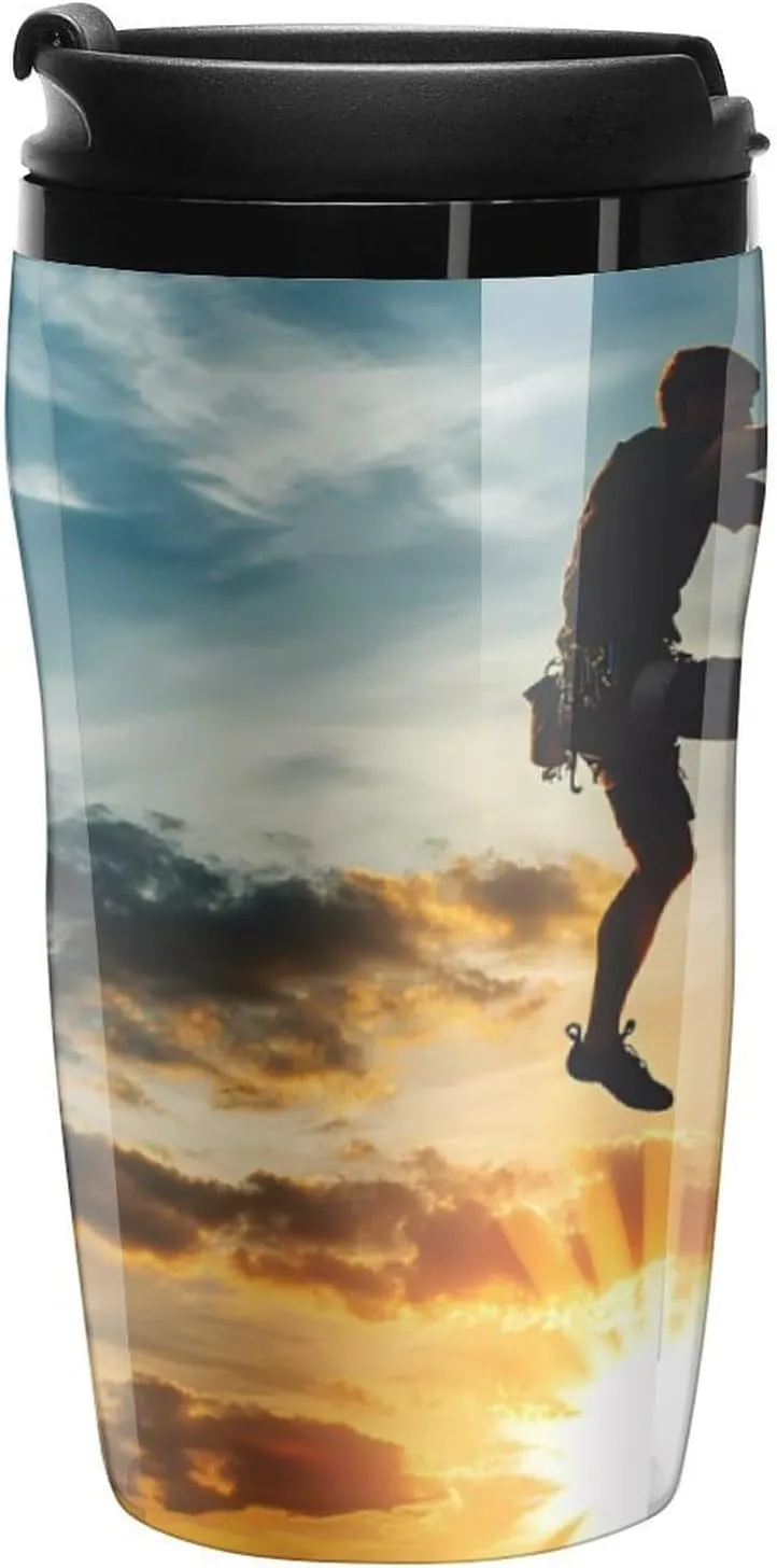 Man Climbing on Rock Mountain Sunset Coffee Mug with Lid Portable Tumbler Water Bottle for Travel Business 250ml