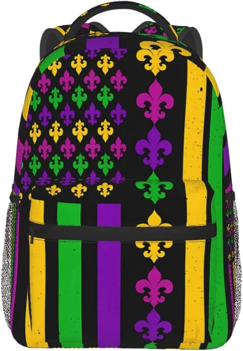 Mardi Gras American Flag Purple Green Yellow Backpack Casual Laptop Backpack Lightweight Double Shoulder Bag Travel Daypack For Women Men