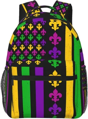 Mardi Gras American Flag Purple Green Yellow Backpack Casual Laptop Backpack Lightweight Double Shoulder Bag Travel Daypack For Women Men