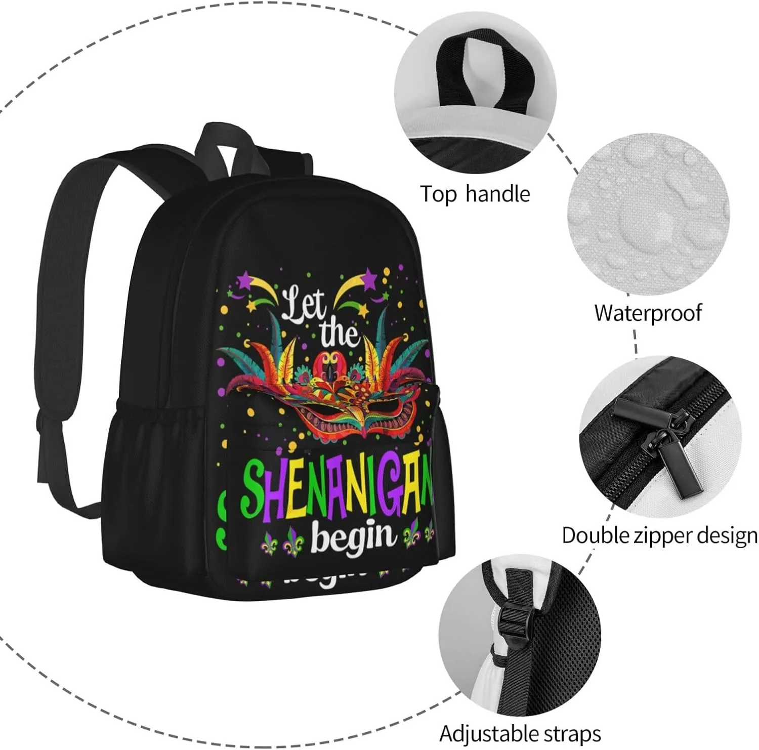 Mardi Gras Party Let The Shenanigans Begin Backpack Casual Laptop Backpack Large Capacity Double Shoulder Bag Travel Daypack For Women Men