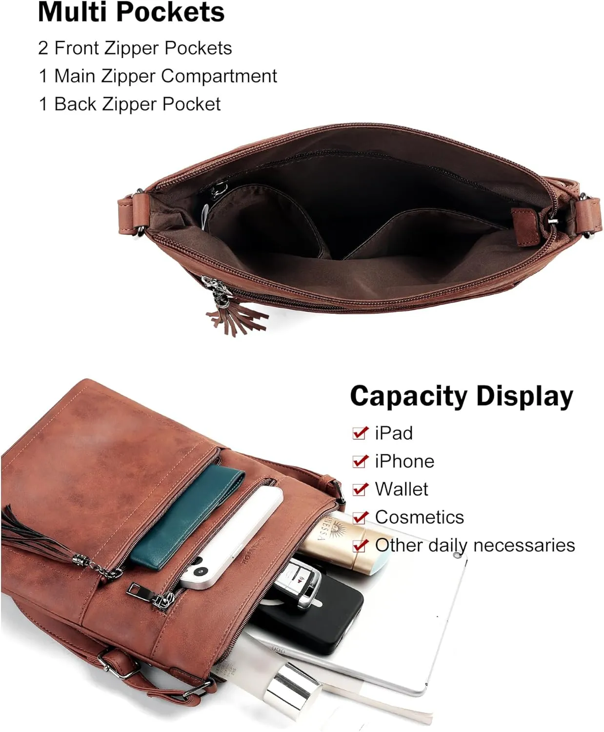 MASINTOR Crossbody Purses for Women, Multi Pocket Casual Crossbody Bag, Adjustable Strap Shoulder Bag with Tassel