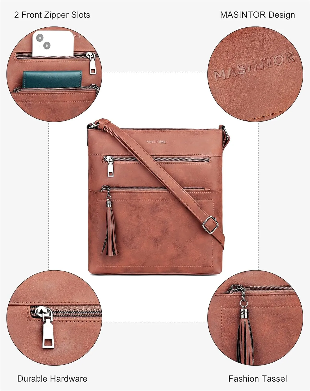 MASINTOR Crossbody Purses for Women, Multi Pocket Casual Crossbody Bag, Adjustable Strap Shoulder Bag with Tassel