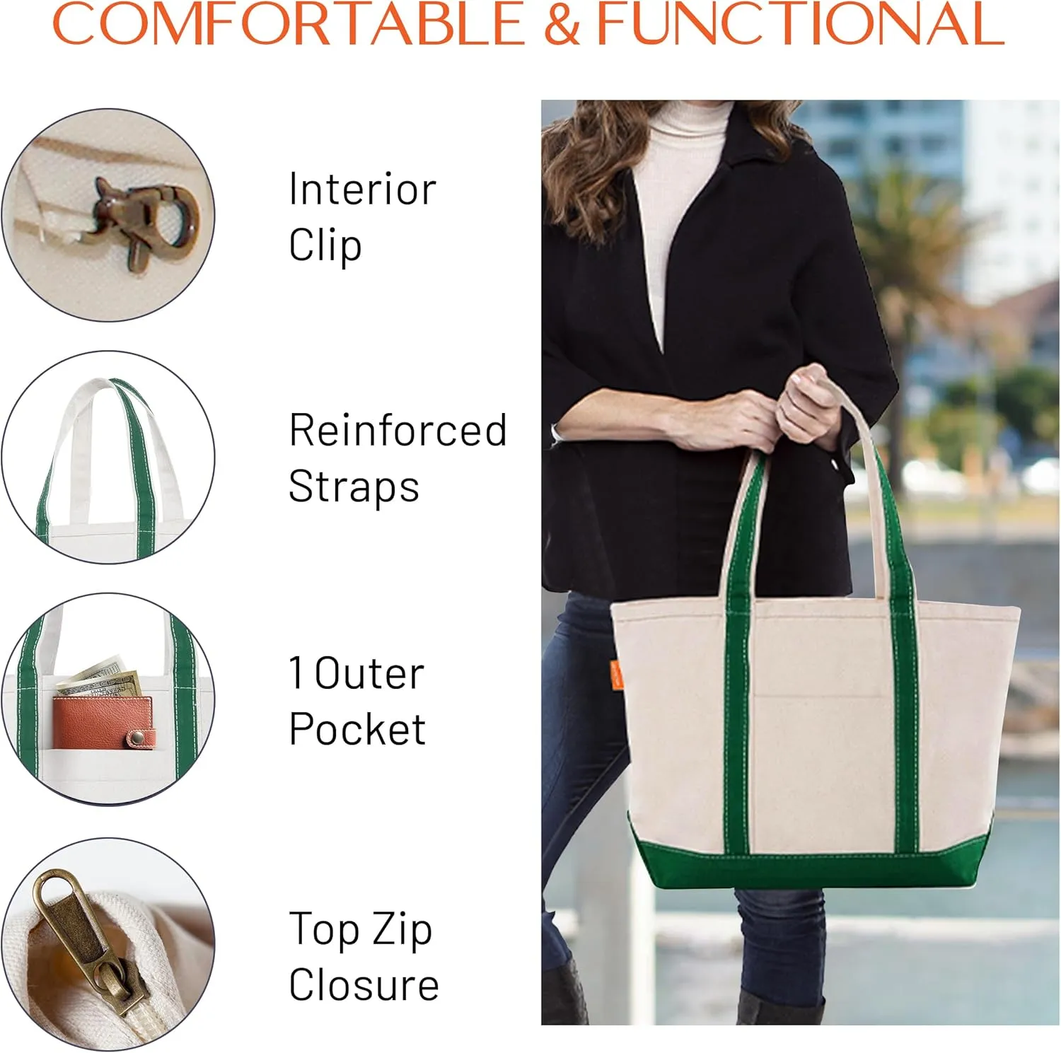 Medium Classic Canvas Tote Bag for Women, Top Zipper Closure, Outer Pocket, Daily Essentials, Groceries, Traveling