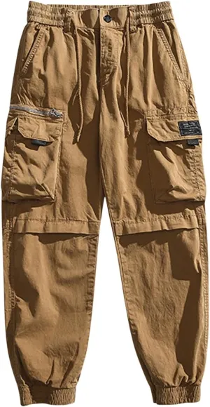Mens Cargo Pants Drawstring Elastic Waist Work Joggers for Men Outdoor Camping Travel Trousers with Pocket
