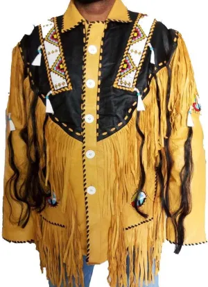 Men's Cowboy Suede Leather Jacket Western Coat Fringes Beads American Jackets