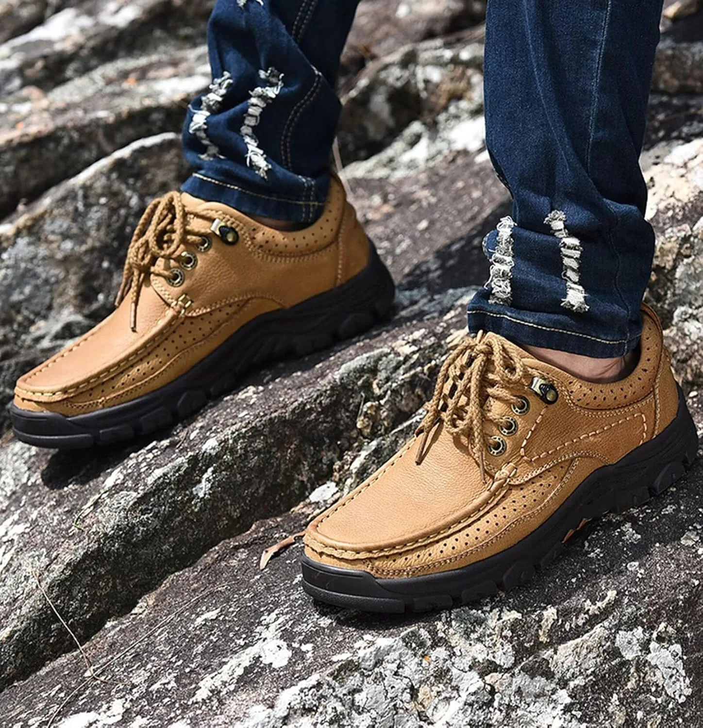 Men's Hiking Shoes Casual Sports Shoes Comfortable Leather Work Shoes Outdoor Camping Trekking Shoes