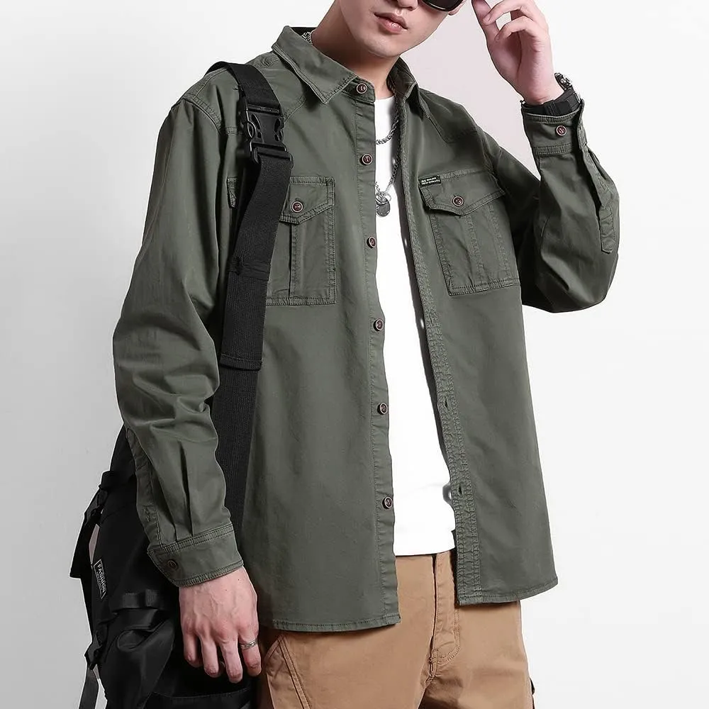 Men's Multi Pockets Work Shirts Relaxed Fit Cotton Button Down Long Sleeves Shirts