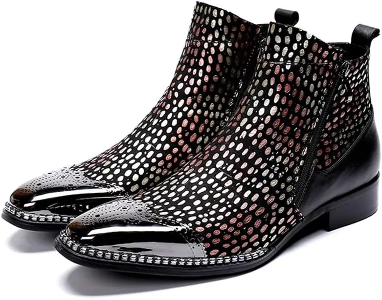 Men's Party Ankle Boots Casual Fine Iron On Drill Metal Toe Brogue High Boot Double Zipper