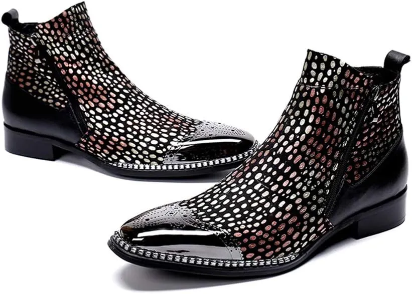 Men's Party Ankle Boots Casual Fine Iron On Drill Metal Toe Brogue High Boot Double Zipper