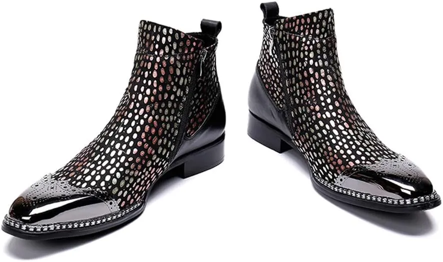 Men's Party Ankle Boots Casual Fine Iron On Drill Metal Toe Brogue High Boot Double Zipper