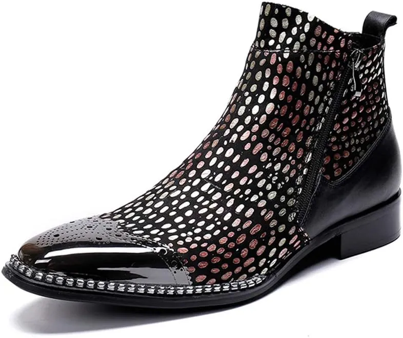 Men's Party Ankle Boots Casual Fine Iron On Drill Metal Toe Brogue High Boot Double Zipper