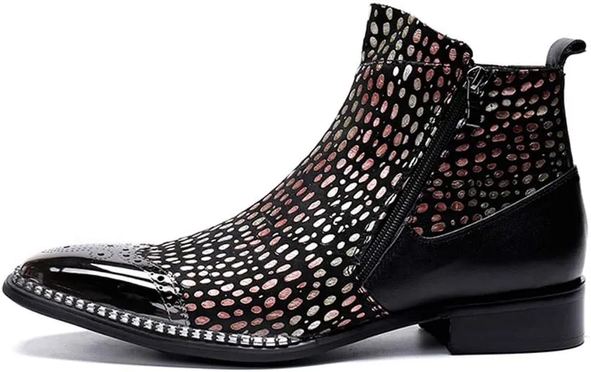 Men's Party Ankle Boots Casual Fine Iron On Drill Metal Toe Brogue High Boot Double Zipper