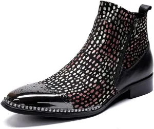 Men's Party Ankle Boots Casual Fine Iron On Drill Metal Toe Brogue High Boot Double Zipper