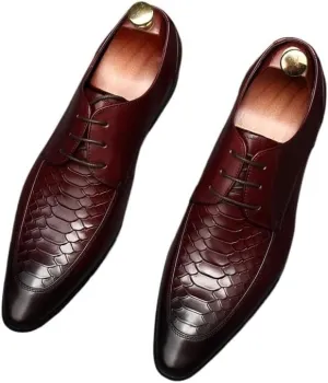 Men's Vintage Crocodile Print Strap Slip On Dress Shoes Pointed Toe Lace up Comfort Breathable Chunky Heels Shoes for Business Work Dating