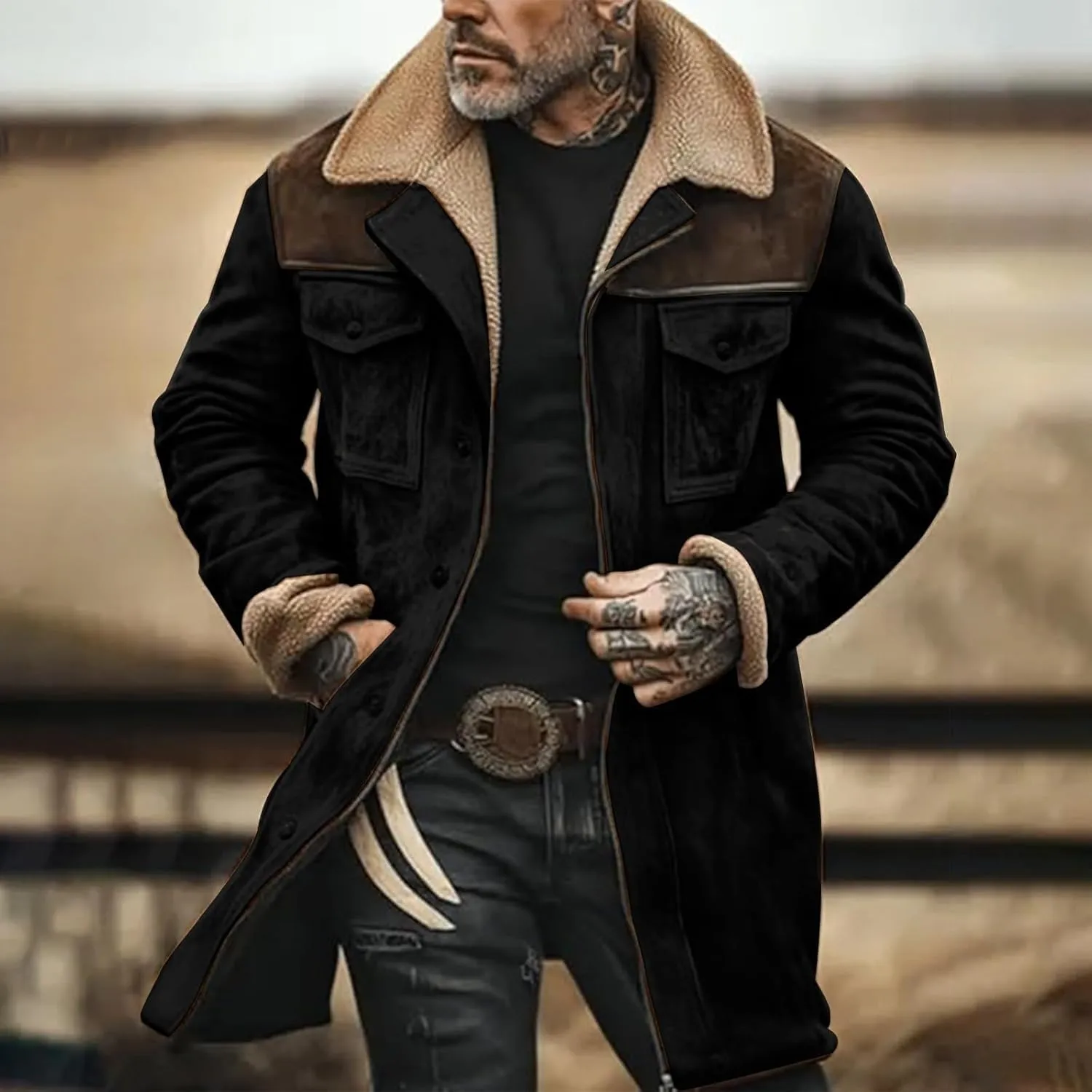 Men's Vintage Suede Jacket Plush Collar Coats Faux Leather Jacket Men Zip Up Motorcycle Jacket Coats Retro Tops