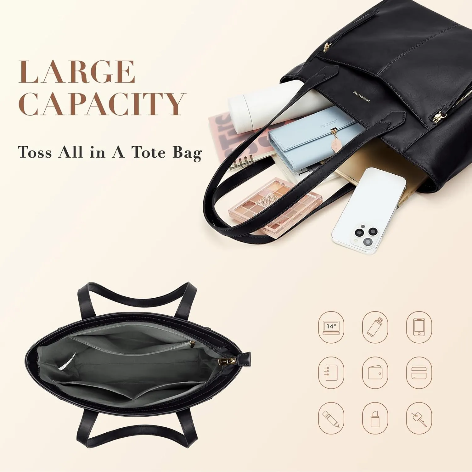 Missnine Tote Bag for Women with Zipper, Leather Purse and Handbags, Ladies Top-handle Shoulder Bags for Work, Casual, Travel