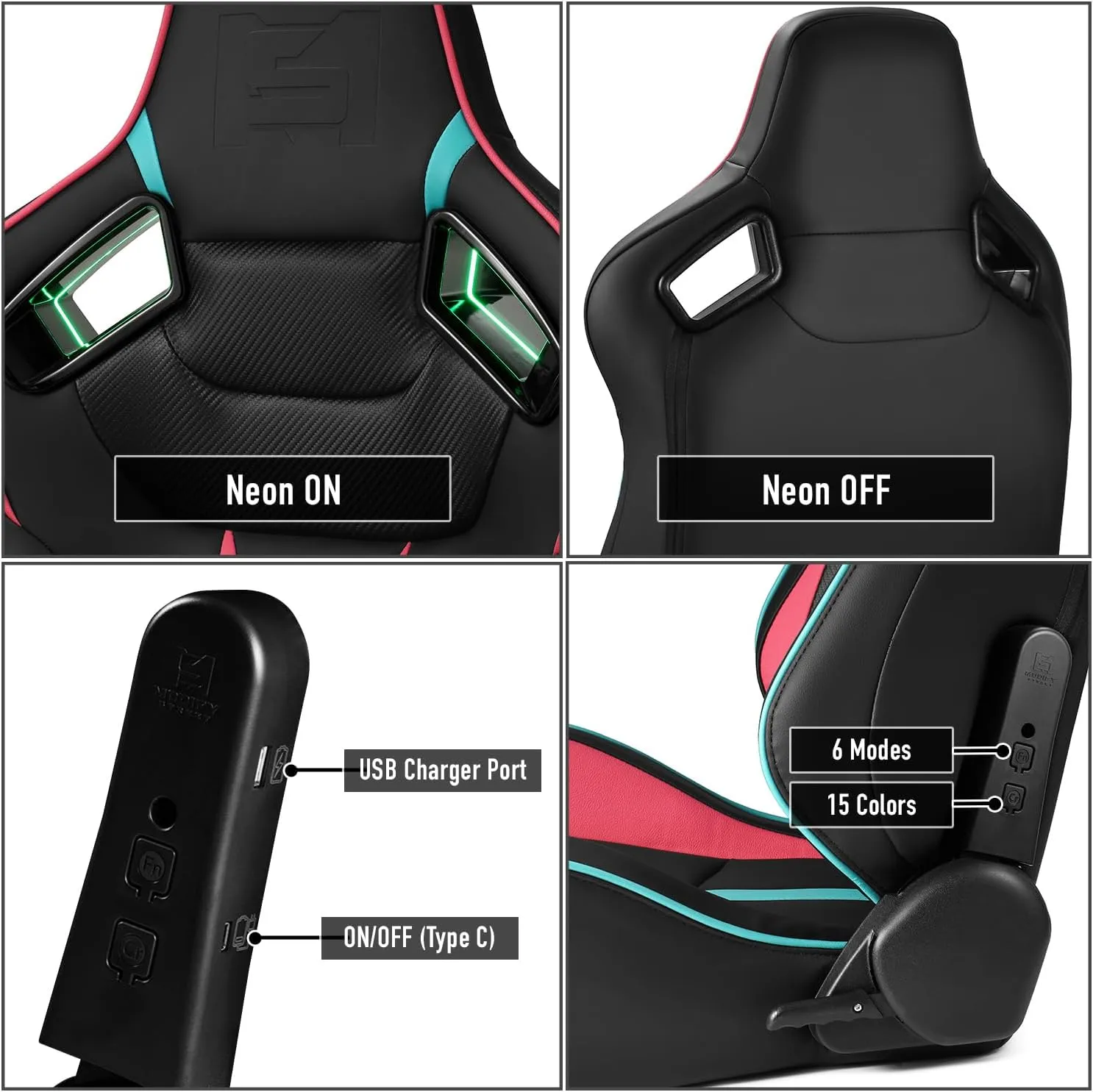 ModifyStreet [Neon Racer in VIPER-Series] Universal PVC Leather Reclinable Black with Pink/Blue Racing Seats