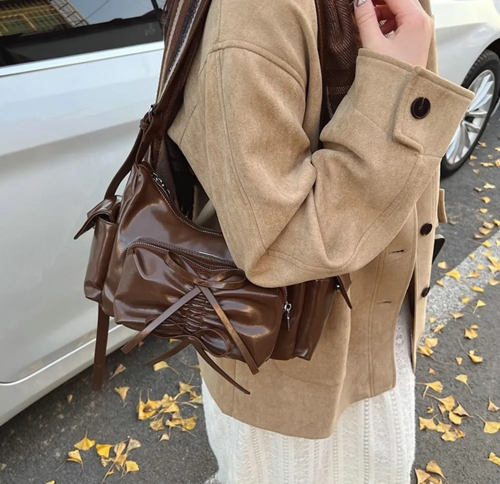 Molodo Crossbody Bags for Women Bow Bag Purses for Women Trendy Chic Shoulder Bag Burgundy Purse Pleated Handbag Underarm Bag
