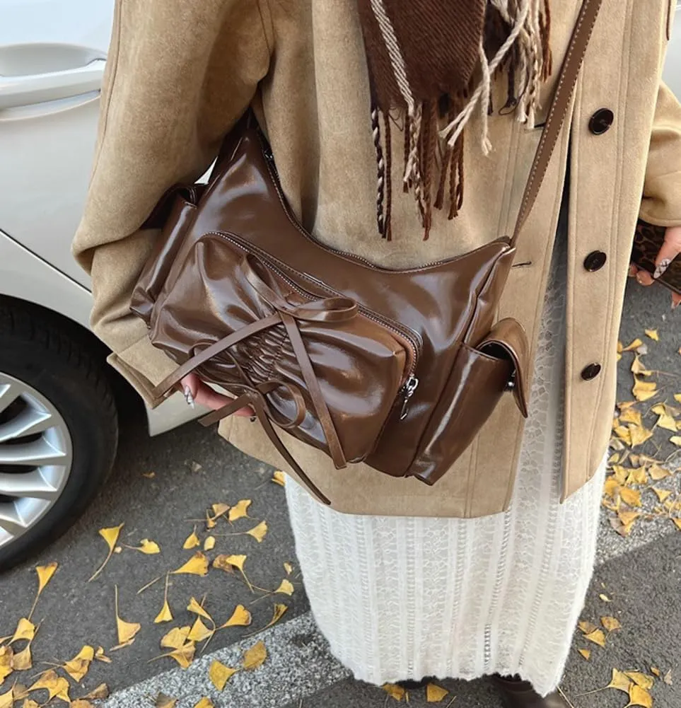 Molodo Crossbody Bags for Women Bow Bag Purses for Women Trendy Chic Shoulder Bag Burgundy Purse Pleated Handbag Underarm Bag