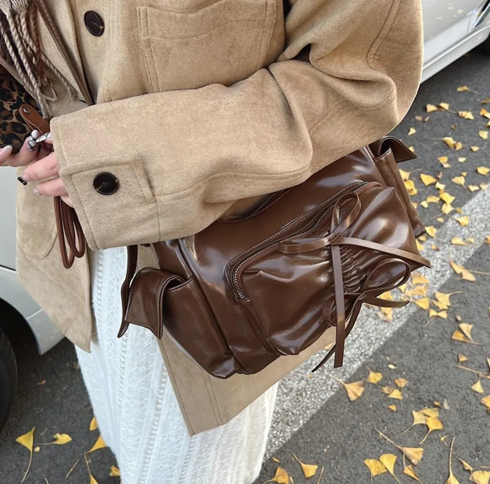 Molodo Crossbody Bags for Women Bow Bag Purses for Women Trendy Chic Shoulder Bag Burgundy Purse Pleated Handbag Underarm Bag