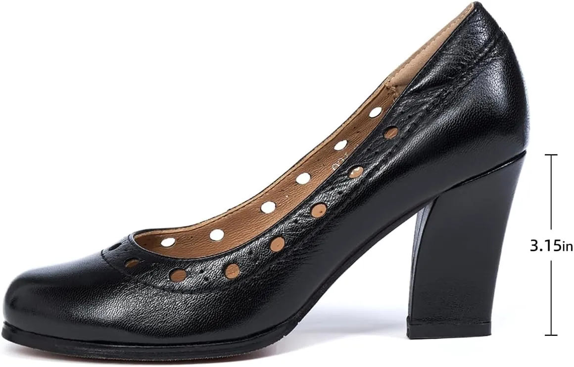 Mona flying Women's Leather Closed Round Toe 3 inch Chunky High Heel Pumps Office Work Dress Shoes for Ladies