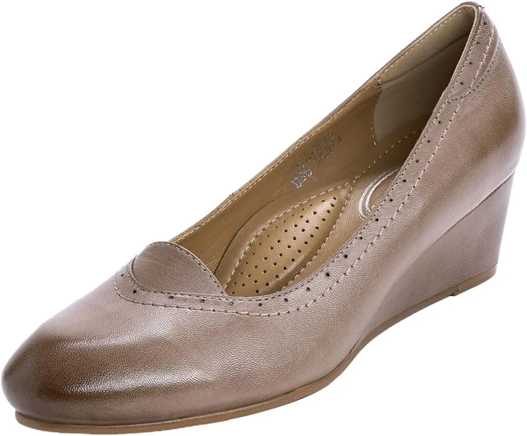 Mona flying Women's Leather Closed Toe 2 Inch Mid Wedges Heels with Arch Support Round Toe Comfortable Dress Pumps for Women Ladies