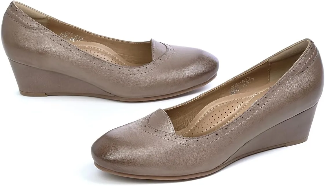Mona flying Women's Leather Closed Toe 2 Inch Mid Wedges Heels with Arch Support Round Toe Comfortable Dress Pumps for Women Ladies