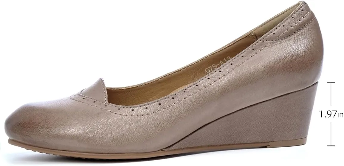 Mona flying Women's Leather Closed Toe 2 Inch Mid Wedges Heels with Arch Support Round Toe Comfortable Dress Pumps for Women Ladies