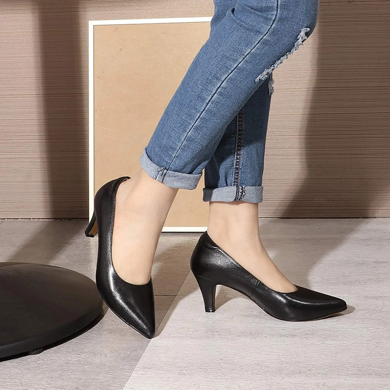 Mona flying Women's Leather Comfort Closed Pointed Toe Pumps Womens High Heels Work Office Dress Shoes for Ladies