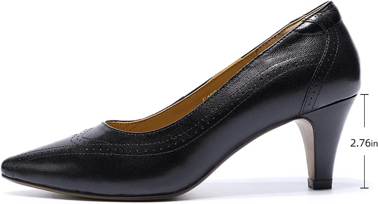 Mona flying Womens Leather Comfortable Pointed Toe Pumps 7cm High Heels Dressy Casual Office Work Shoes for Ladies