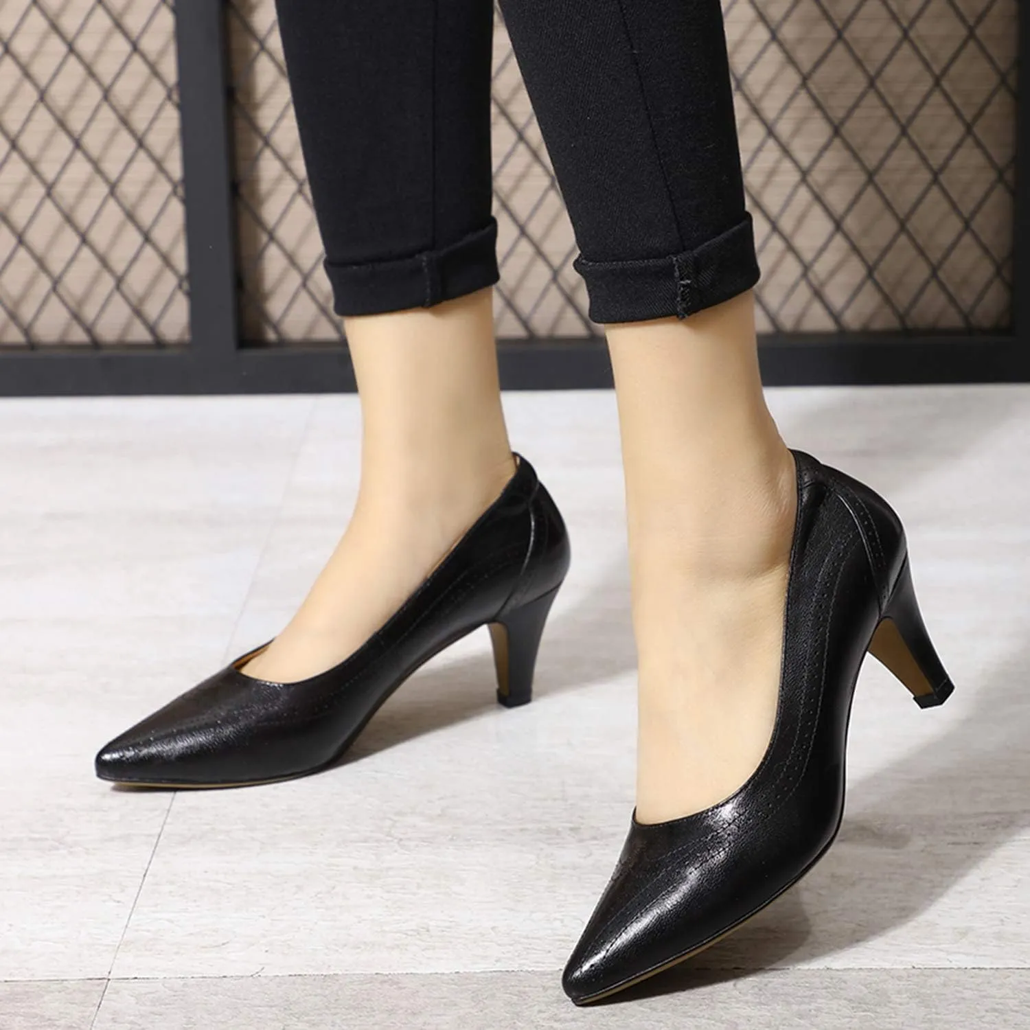 Mona flying Womens Leather Comfortable Pointed Toe Pumps 7cm High Heels Dressy Casual Office Work Shoes for Ladies